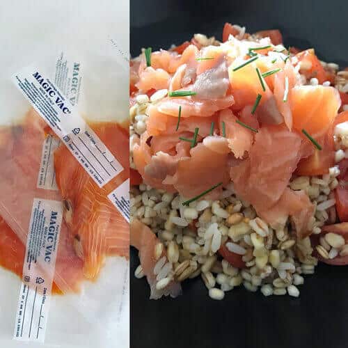 16 Recipe: Barley with smoked salmon.  Salmon preserved inside our vacuum bags